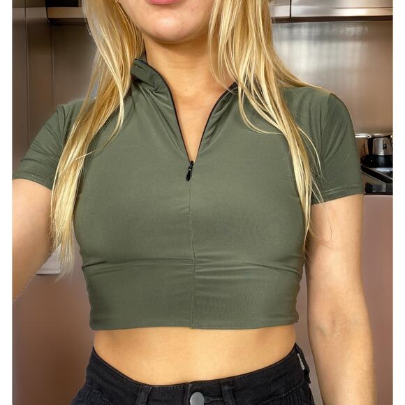 New Small Slinky Army Olive Green Half Zip Short Cap Sleeve High Neck Y2k - Picture 2 of 4